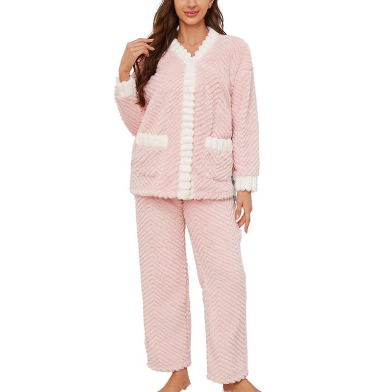 LYCY Women's Plush Fleece Pajama Set,Soft Cozy Pajama for Women Warm Sleepwear Lounge PJS（Pink+White，M）