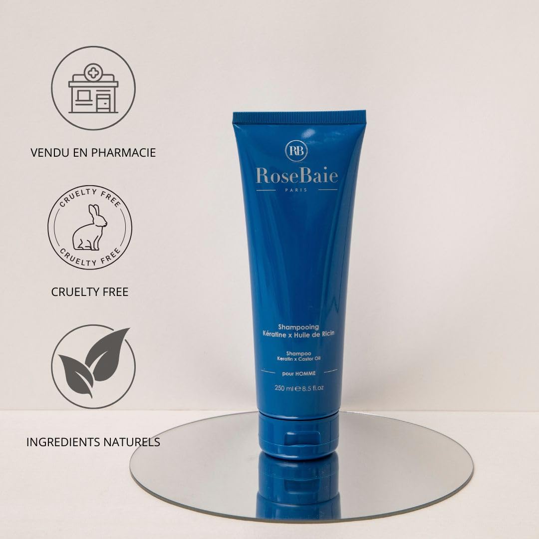 ROSEBAIE MEN | Duo Corps et Cheveux Ricin Kératine Probiotiques | Shampoing Homme Antichute Antipelliculaire 250ml | Gel Douche Fraîcheur Parfum Boisé 250ml