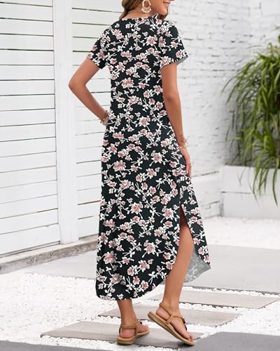 Image of MISFAY Women's Summer Maxi Dress 2026 Casual Short Sleeves V Neck Loose Sundress Split Long Beach T Shirt Dress