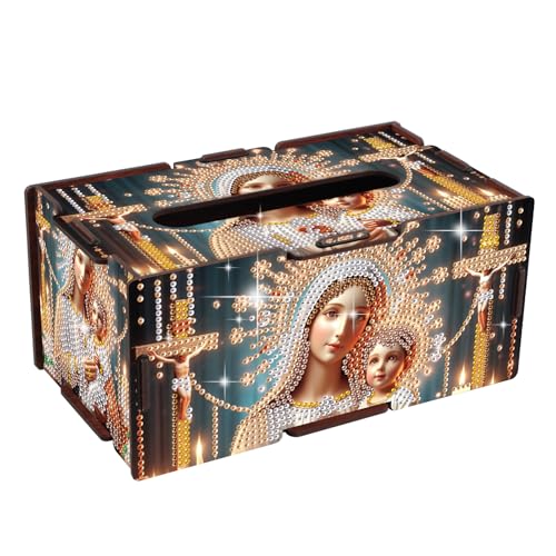Image of DIY Religious Diamond Painting Tissue Box, Virgin Mary and Jesus Diamond Art Wooden Tissue Holder, Decorative Rhinestone Tissue Box Cover Craft Kit for Home, Prayer Room or Faith-Based Decor