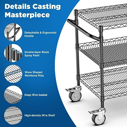 Leteuke 1120LBS Heavy Duty Rolling Utility Cart,3 Tier Rolling Carts with Wheels,NSF Commercial Grade with Handle Bar & Shelf Liners,45"x25"x39" Storage Cart for Kitchen,Restaurant,Plant Display,Black