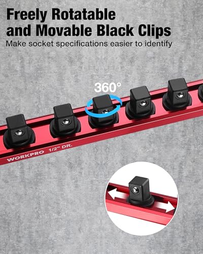 Image of WORKPRO Magnetic Socket Organizer, 1 /2 inch Drive Aluminum Alloy Socket Holder with 10 PC Removable Socket Clips for Quick Customization, Socket Rail for Tool Box Drawer (Sockets Not Included)