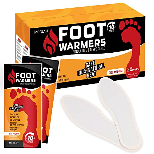 MEDLOT Insole Foot Warmers with Adhesive - Long Lasting, Safe Natural Odorless, Air Activated Warmers - Up to 10 Hours of Heat - 20 Pair, White