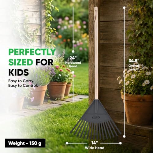 Image of Superio Kids Rake with Hardwood Handle, Durable Plastic Head to Sweep Leaves in Lawn and Tidying Up The Garden, 34 inch