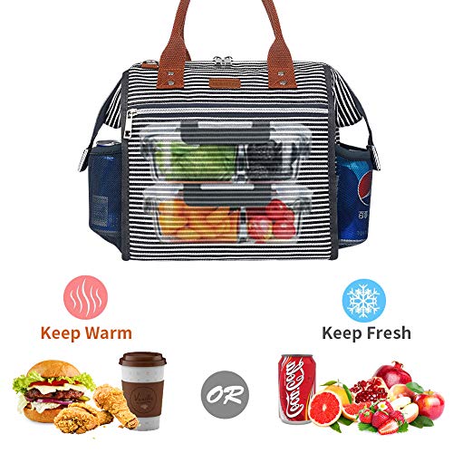 Insulated Lunch Bag, MOKALOO Large Capacity Lunch Tote Box With Removable Shoulder Strap, Multi-functional Reusable Thermal Snacks Cooler Bag for Men, Women, Stripe - Thumbnail 3