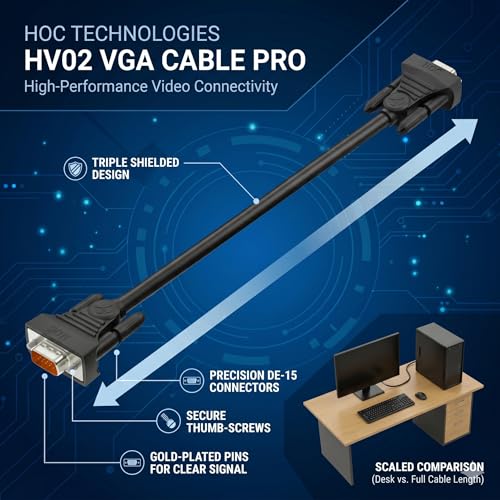 Image of HOC VGA Cable Male to Male 3+4 PRO | Full HD 1080P | Gold Plated 15 Pin Connector | Double Shielded | For PC, Monitor, Laptop, Projector | CE RoHS | 1 Year Warranty