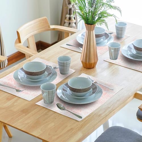 Image of Gray Pink Boho Placemats Set of 6 Ethnic Bohemian Carpet Place Mats Washable Kitchen Dining Vintage Grey Geography Floral Linen Table Mats Stain Heat-Resistant for Home Party Indoor 12x18 in