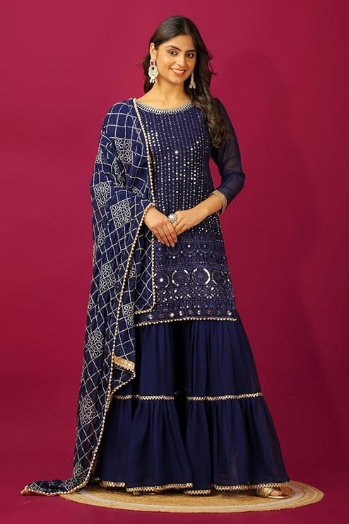 Image of Women's Designer Chinon Silk Sharara Suit Set, Sequence Embroidery Kurti with Tiered Sharara and Dupatta