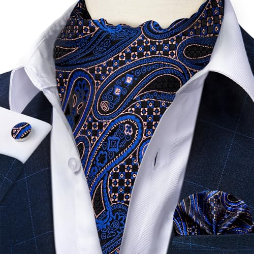 Image of DiBanGu Silk Woven Ascot Cravat with Pocket Square Set for Men | Paisley Ascot,Wrinkle-Resistant,Silky Smooth,Easy to Match,Cufflinks,Tie Ring,Wedding,Ceremonies,Party Occasions,Banquet