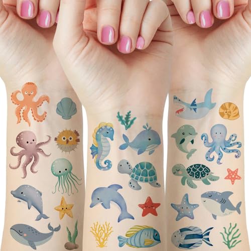 12 Sheets Ocean Animal Temporary Tattoos, Watercolor Cute Sea Creature Octopus Whale Dolphin Waterproof Body Art Stickers for Vacation, Party, Cosplay, and Daily Personal Body Decoration Styling
