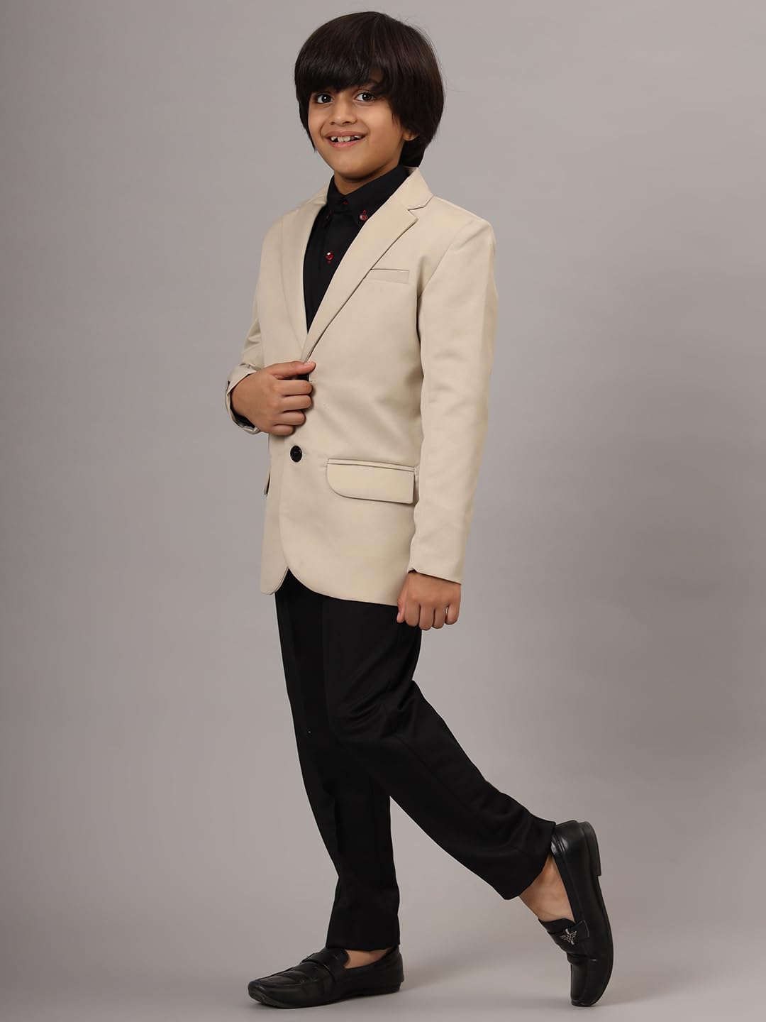 TAHVO Beige Blazer With Black Trousers For Boys, Stylish Wedding Coat Pant Set For Kids (Size: 11-12Y) 4