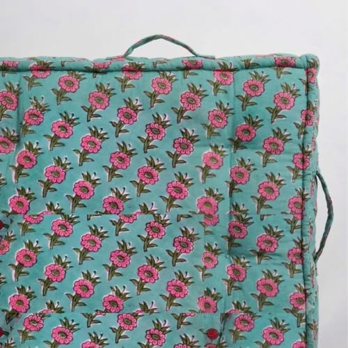 Image of Low Seating Floor Cushion 70 x 152 cm with 2 Back Support Cushions | Thick Quilted Cotton Floor Mattress Pad | Floral Printed Gadda for Sitting, Meditation, Yoga & Living Room Floor Seating