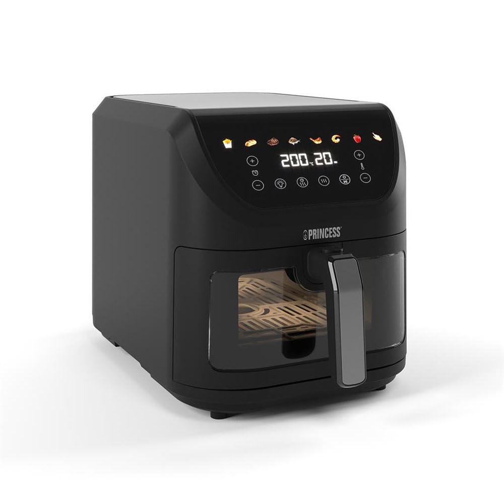 Princess SlimFry frytkownica na gorące powietrze, 8 l, oszczędność miejsca, technologia gotowania beztłuszczowego, 8 programów, przezroczyste okienko, 2000 W, czarna, frytkownica Airfryer