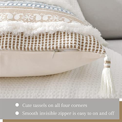 Image of Modern Homes Boho Tufted Decorative Throw Pillow Covers for Couch Sofa - Moroccan Style Cushion Covers with Tassels, Accent Decor Pillow for Bedroom Living Room (Khaki, 16x16 inch)