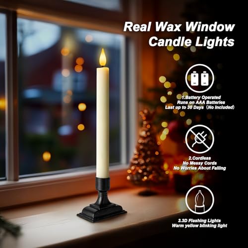 Image of Homemory Real Wax Window Candles with Remote Timer Dimmer, Flameless Taper Candles with Holders, Christmas Candle for Window Battery Operated, LED Candlesticks for Home Holiday Decor,6 Pcs Ivory