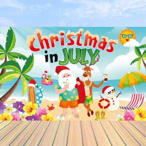 Image of MAGQOO Christmas in July Backdrop Christmas in July Background Banner Christmas July Party Decorations Summer Beach Christmas Holiday Party Decorations Supplies