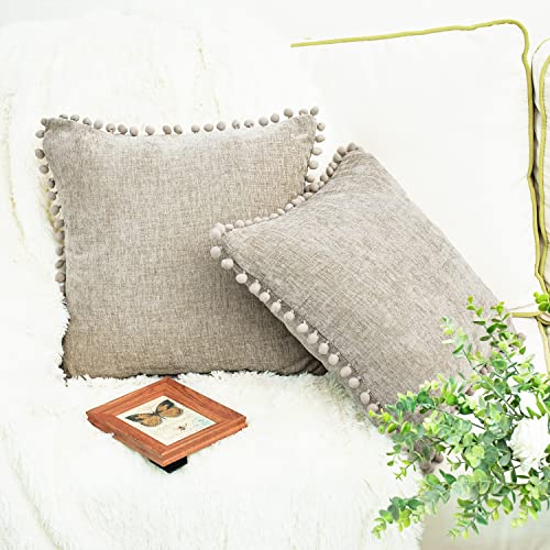 CaliTime Pillow Cases Pack of 2 Cozy Solid Dyed Soft Chenille Cushion Covers with Pom Poms for Couch Sofa Home Decoration 55cm x 55cm Taupe - Image 2