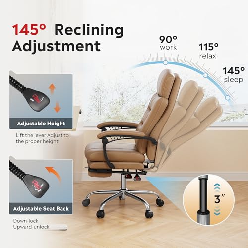 Image of DEVAISE Executive Leather Home Office Chair with Footrest, High Back and Heavy Duty, Comfortable Big and Tall Ergonomic Desk Chair with Lumbar Support, Comfy Reclining, SGS Class 4 Gas Lift, Brown