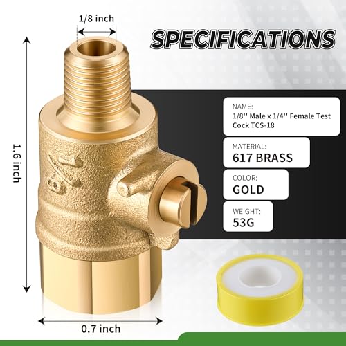 Image of Saillong 2 Pcs 1 /8'' Male x 1 /4'' Female Test Cock and PTFE Sealant Tape for Backflow Valve, Brass Test Cock for Preventing leaks, Fits Sprinkler Backflow Preventer of 1 /4'' Female Connector