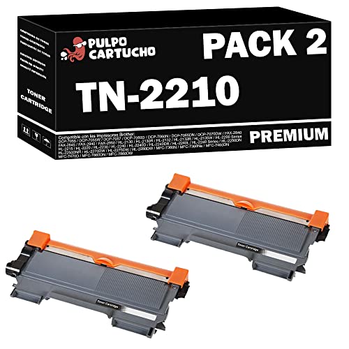 Pulpo Cartucho   Pack 2 Toner Genérico TN2210 Negro Compatible con Brother TN 2210   para Impresoras DCP 7055 7055W 7060 7060D 7065DN / HL 2130 2135W 2240D 2250DN 2270DW / MFC 7360N 7460DN 7860DW