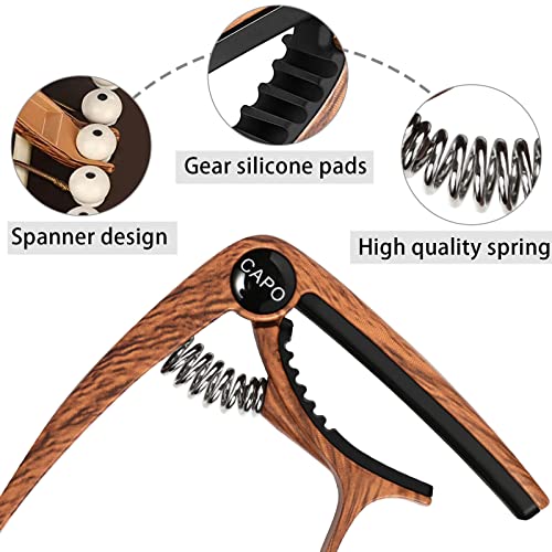 Image of Acoustic Guitar Capo with 6 Guitar Picks, Wood Grain