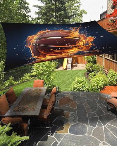 Basketball with Flame Sun Sail Shades Rectangle Canopy,Sunlight Block Heavy Duty Curved Backyard Shade Cover, Waterproof Sun Shades for Patios Garden Pergola Outdoor Sports Themed Painting