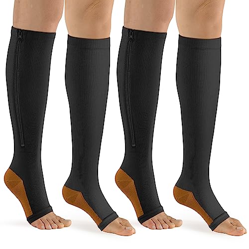 Image of bropite Zipper Compression Socks Women & Men - 2Pairs Calf Knee High 15-20mmHg Open Toe Compression Stocking suit for Walking