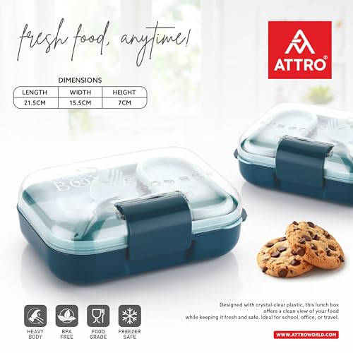 Image of ATTRO Food Bite Kids Plastic Lunch Box 3 Compartments, 1 Small Container & Spoon, with Stylish Lid BPA-Free, Freezer Safe, Ideal for School, Travel & Outdoor - Blue, 500 ml
