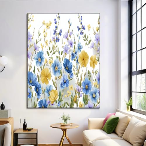 Toile fleurs sauvages bleues jaune 70x100 cm decoration murale salon