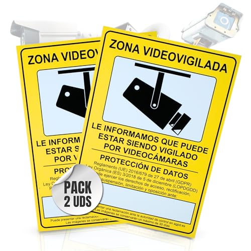 2 Pcs | Cartel Videovigilancia Homologado | Zona Videovigilada | Tamaño A4 (30X21cm) | Material PVC 0,7mm | Cartel Cámara Vigilancia para Exterior e Interior