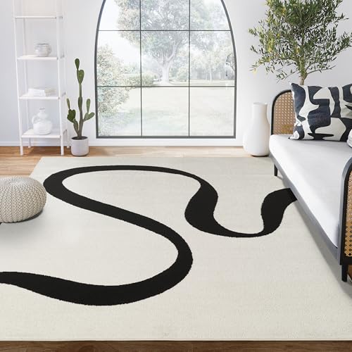 Abani Abstract Beige/Black Area Rug - 4'x6' - Modern Curved Line Design - Deco Collection - Easy to Clean - Durable for High Traffic Areas - Bedroom, Office & Kitchen - Medium Pile