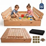 MG Design Bac à Sable en Bois 120 x 120 cm   avec bancs Pliables et Couvercle, bac à Sable extérieur pour Enfants Jardin