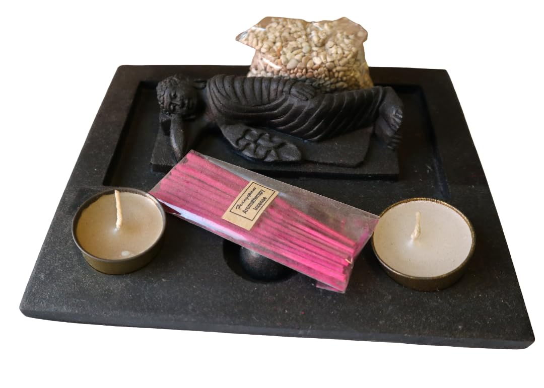 Jardín zen con Buda tumbado de piedra – Base artesanal 22 x 16 cm – Arena negra, velas e incienso