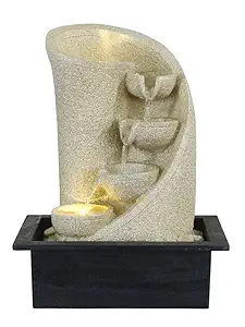 Heritage India Polyresin Table Top Cream Color Indoor Home Decor 3 Designer Steps Waterfall Fountain with Yellow LED Lights & Water Flow Controller Pump (Size: 38 x 29.5 x 22 CM | Weight: 1750 grm)