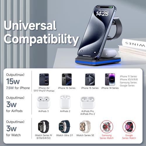 MANKIW Wireless Charging Station for iPhone, 3 in 1 Foldable Wireless Charger for iPhone 17/16/15/14/13/12/11/Pro/Max/XS/XR/X/8, iWatch 11/10/9/8/7/6/5/4/3/2/SE, AirPods 4/3/2/Pro