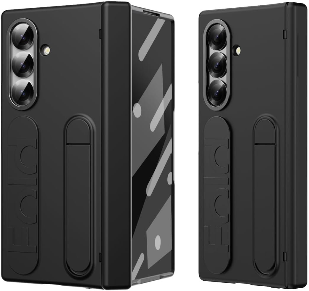 amazon basics 360° full protection case for samsung galaxy z fold 6 – built-in screen protector, hinge guard, silicon grip strap & kickstand - matte black