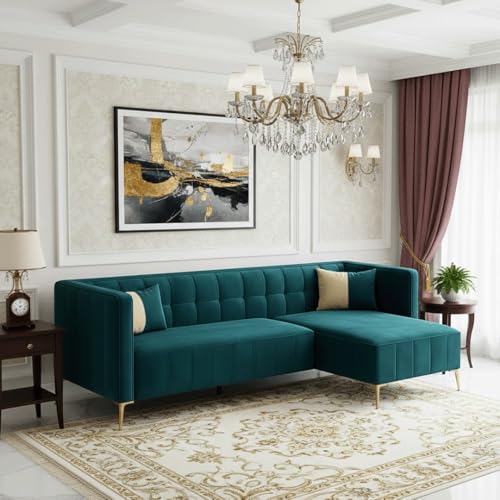 Image of SOCOZI Stylluxe 6 Seater Velvet Fabric RHS L Shape Sofa Set for Living Room |Fabric L Shape Sofa Set for Home & Office (Green Teal)