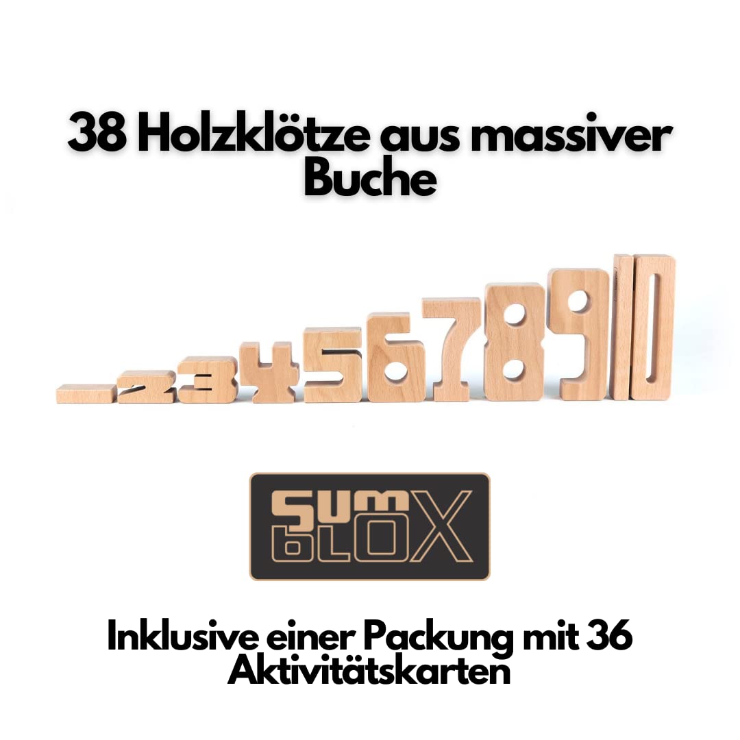 SumBlox Einsteiger Set - 38 Groß Holz Bausteine aus massiver Buche - Premium Zahlenbausteine Montessori Spielzeug - Mit 36 Aktivitätskarten in Deutsch zur Förderung des spielerischen Lernens