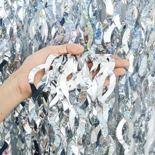Image of TONIFUL 3Pcs Wavy Metallic Tinsel Foil Fringe Curtains Silver Streamer Backdrop for Photo Booth Props,Party Door Wall Curtain,Bachelorette,Birthday,Anniversary,Bridal Shower Decor (9.9ft x 6.6ft)