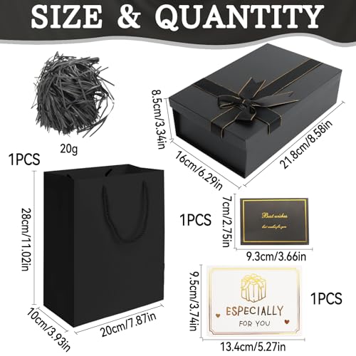 Geschenkbox mit Deckel, Geschenkbox Geburtstag, Rechteckige Geschenkverpackung Geburtstag mit Schleife, Geschenkkarton mit Deckel Raffia und Grußkarten, für Hochzeiten Jahrestage (Schwarz)