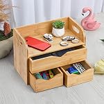 Hacaroa 3 Tier Bamboo Desktop Organizer with 3 Drawers, Mini Tabletop Craft Box Cosmetic Storage Drawer with Handle, Portable Desk Letter Mail Sorter for Office Supply, Toiletries