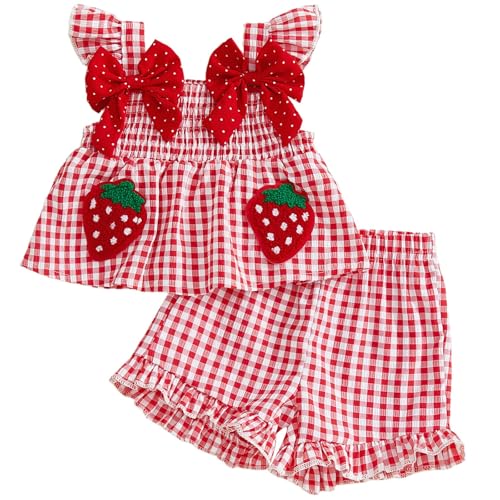 Mubineo Toddler Baby Girl Summer Clothes Cute Ruffle Shirt Tops Dress Shorts Outfits Set Fruit Blouse Princess Outfit (Red Strawberry 2-3T)