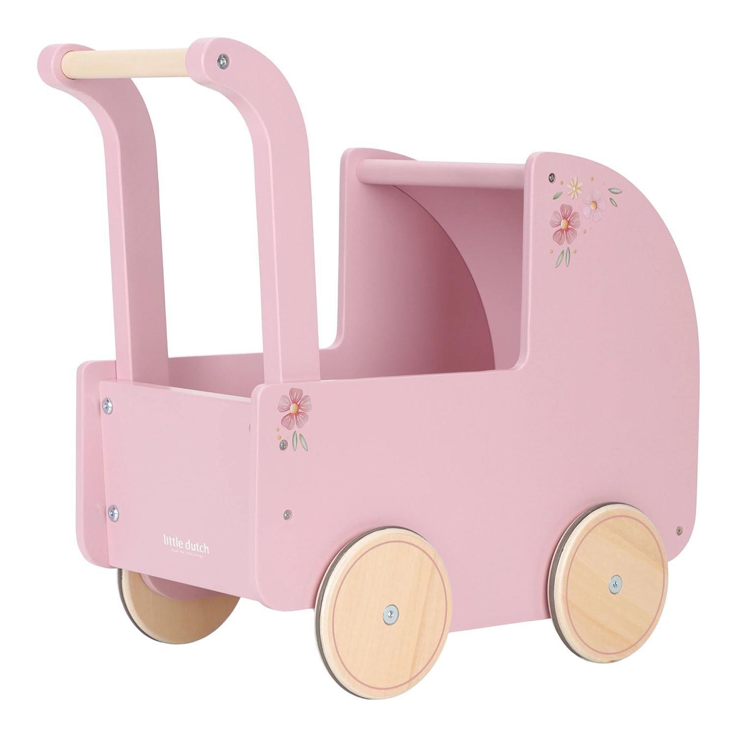 Little Dutch Cochecito para muñecas de madera, incluye ropa de cama, ruedas de goma, flores blandas, color rosa