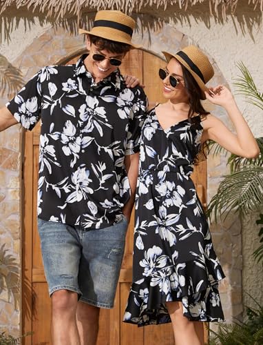 Image of PATPAT Couples Matching Outfits Hawaiian Women Dresses & Men Shirts | Matching Cruise Outfits for Couples, Beach Vacation Outfits, Spaghetti Strap Midi Sundress, Men Boho Tropical Print Shirt
