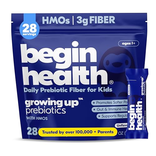Begin Health Growing Up® Prebiotics for Kids 28-Packs | Prebiotic Soluble Powder Stool Softeners & Digestive Gut Health Supplement | Ideal to Mix with Kids Daily Beverages and Soft Foods - Unflavored