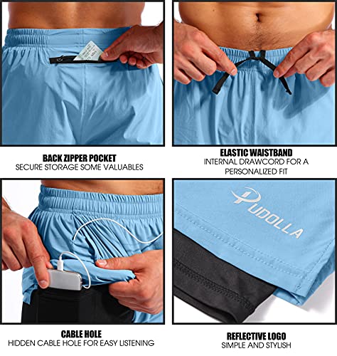 Image of Pudolla Men's 2 in 1 Running Shorts 5 inch Quick Dry Gym Athletic Workout Shorts for Men with Phone Pockets