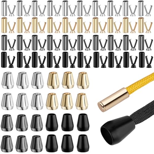 REJOECE 64 Sets Kordelenden Metall, 4 Farben Kordelenden Endstück, 2-Stile Kordel Endstück Metall Kordelstopper für Schnürsenkel Zubehör DIY Design