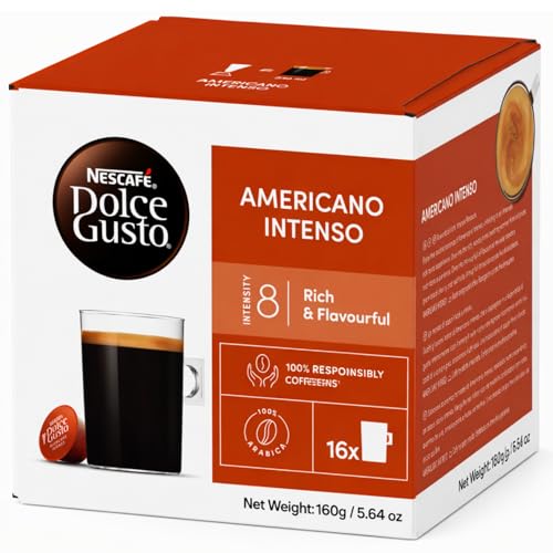 Image of NESCAFE Dolce Gusto Americano Intenso Coffee Capsules - 16 Pods (160g) Box - Premium Arabica Roast & Ground Coffee, Powerful & Full-Bodied Flavor, Intensity 8, Compatible with Dolce Gusto Machines, By Cougar - (IMPORTED-UK)