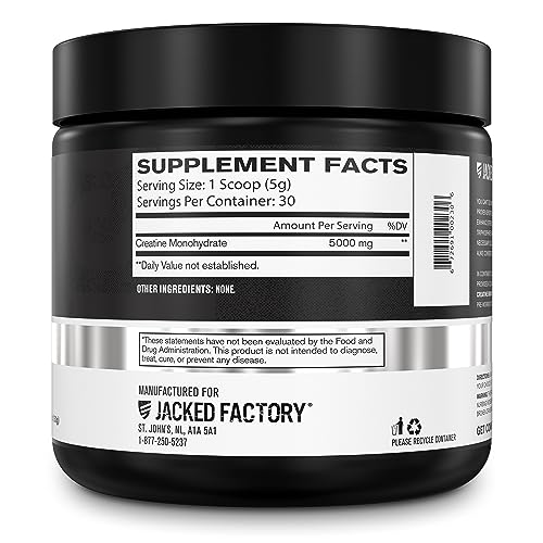 jacked factory creatine monohydrate powder 150g - 5g daily creatine supplement for men and women vegan-friendly third-party tested - 30 servings unflavored