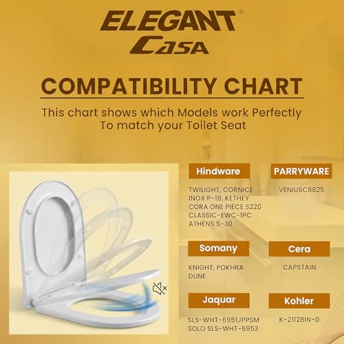 Image of ELEGANT CASA Polypropylene Soft Closing Toilet Seat /Western Toilet Seats Cover for Bathroom /seat for Commode with Stable Hinges- D Shape Design Colour (Glossy White)-1 Set